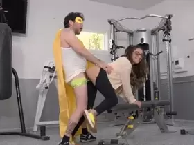 Petite bimbo with glasses gets roughly fucked in the gym